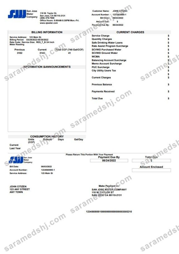 USA California San Jose Water utility bill template in Word and PDF format